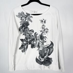 Chicos Weekend Size 1 Medium M White Gray Floral Embellished Pullover Sweater